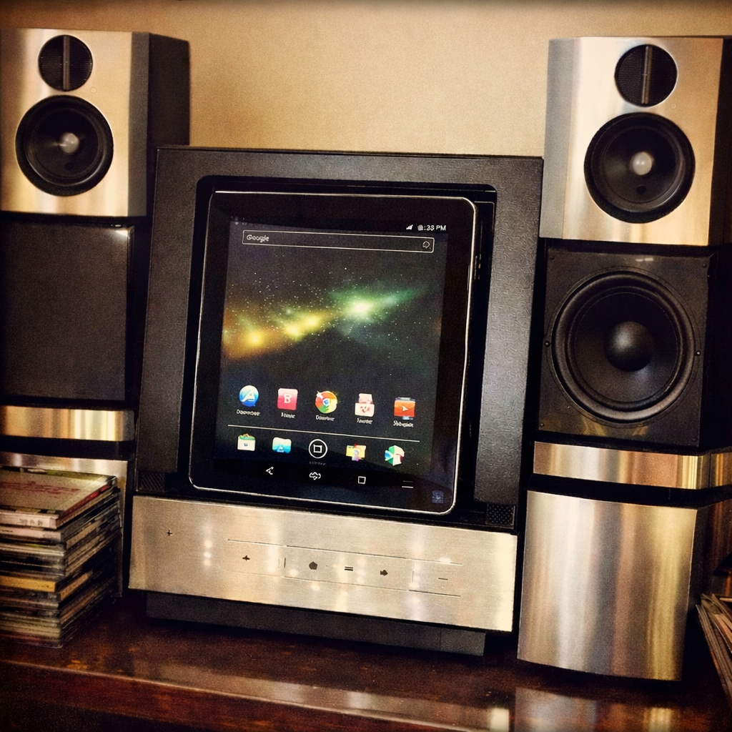 An expensive hi-fi stereo system with tower speakers, its central unit containing a cheap Android tablet embedded in the fascia, displaying a generic app home screen with icons for a browser, music, Chrome, photos and video apps.