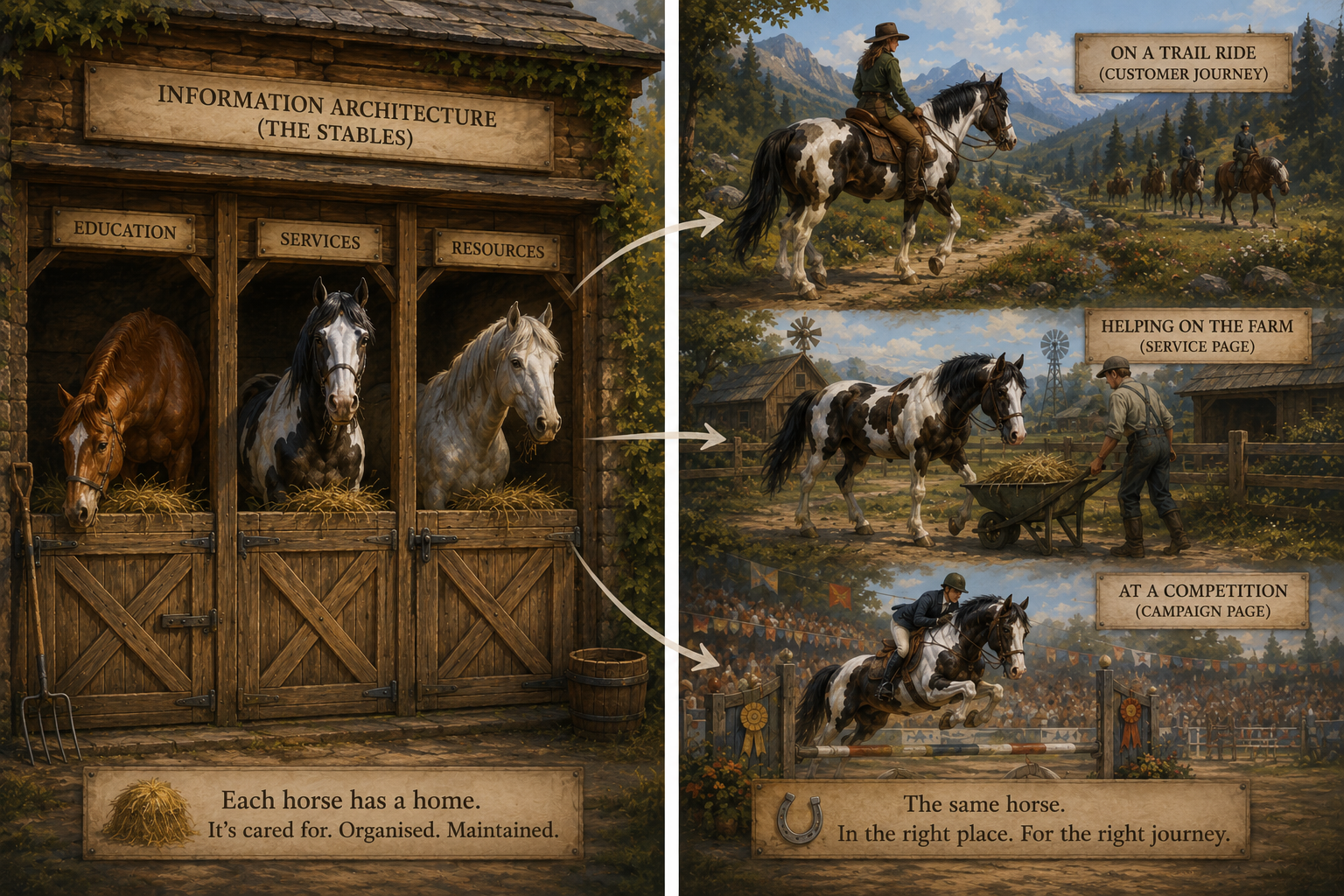Illustration explaining structured content: on the left, three horses in labelled stables under a sign reading Information Architecture (The Stables), with doors for Education, Services and Resources; on the right, the same horse appears on a trail ride (customer journey), helping on the farm (service page) and at a competition (campaign page). Captions read: Each horse has a home. It's cared for. Organised. Maintained. The same horse. In the right place. For the right journey.