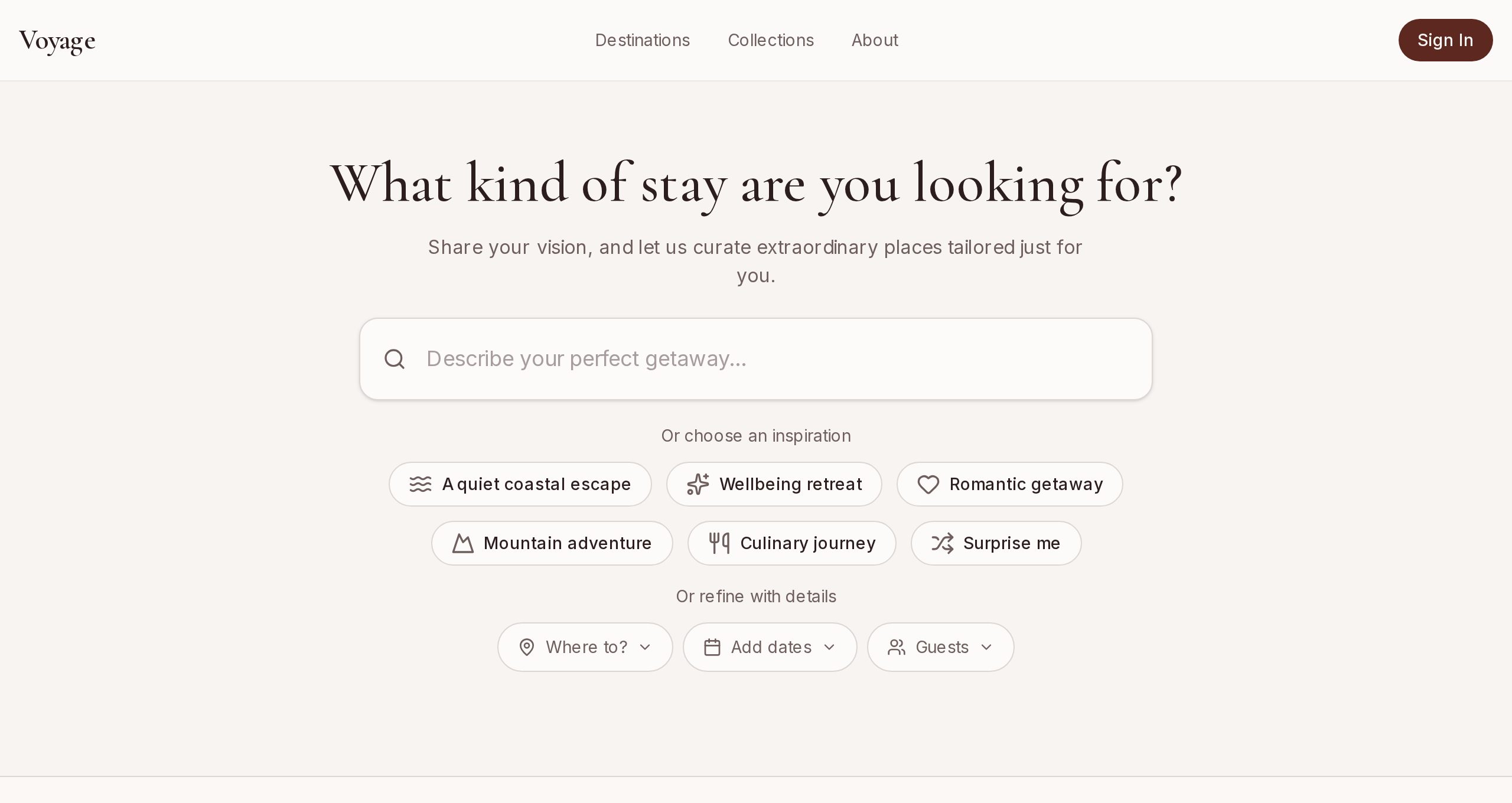 Screenshot of the luxury travel search prototype: a conversational search field alongside conventional destination, date and guest controls